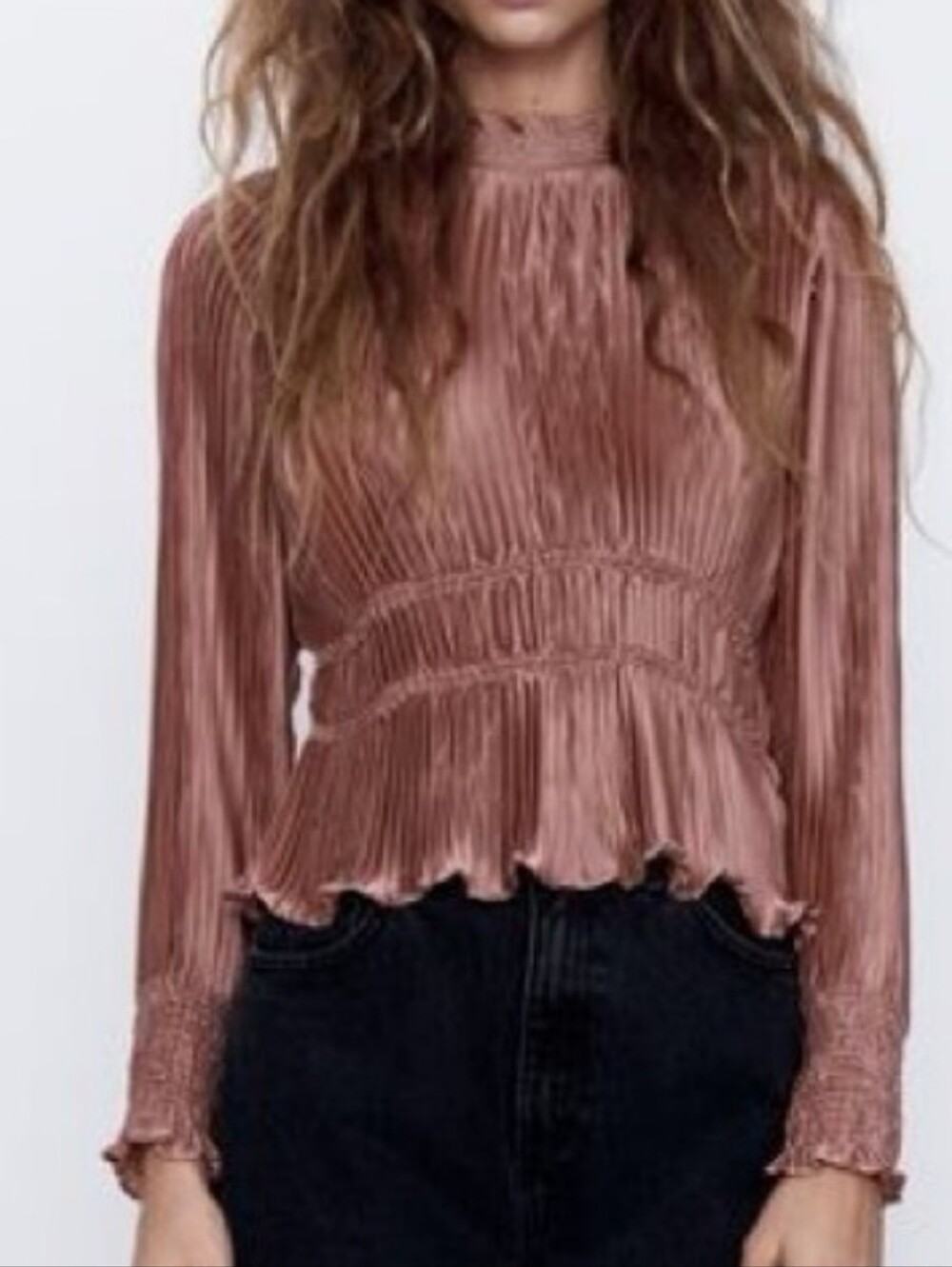 Pleated Long-Sleeve Mock Neck Top in Dusty Rose